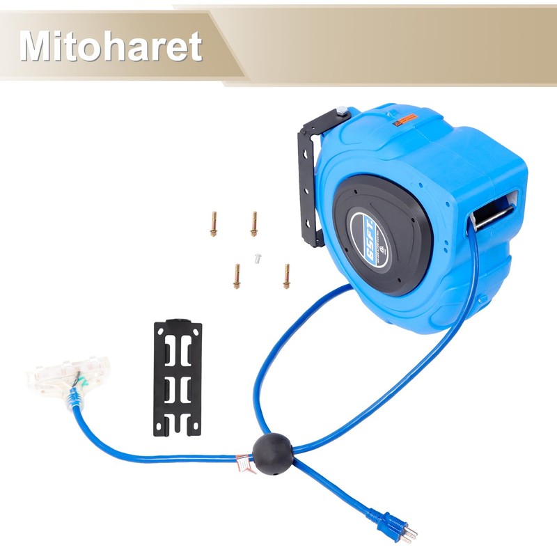 65FT Retractable Extension Cord Reel 12AWG Blue for Wall Installation