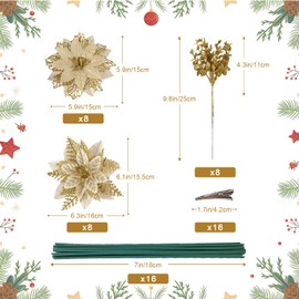 gonfaci 24 Pcs 3 Styles Christmas Glitter Poinsettia Flowers Artificial Picks, 16 Pcs Christmas Flowers 8 Pcs Christmas Tree Picks, Christmas Tree Ornaments for Xmas Holiday Wedding Decor, Gold