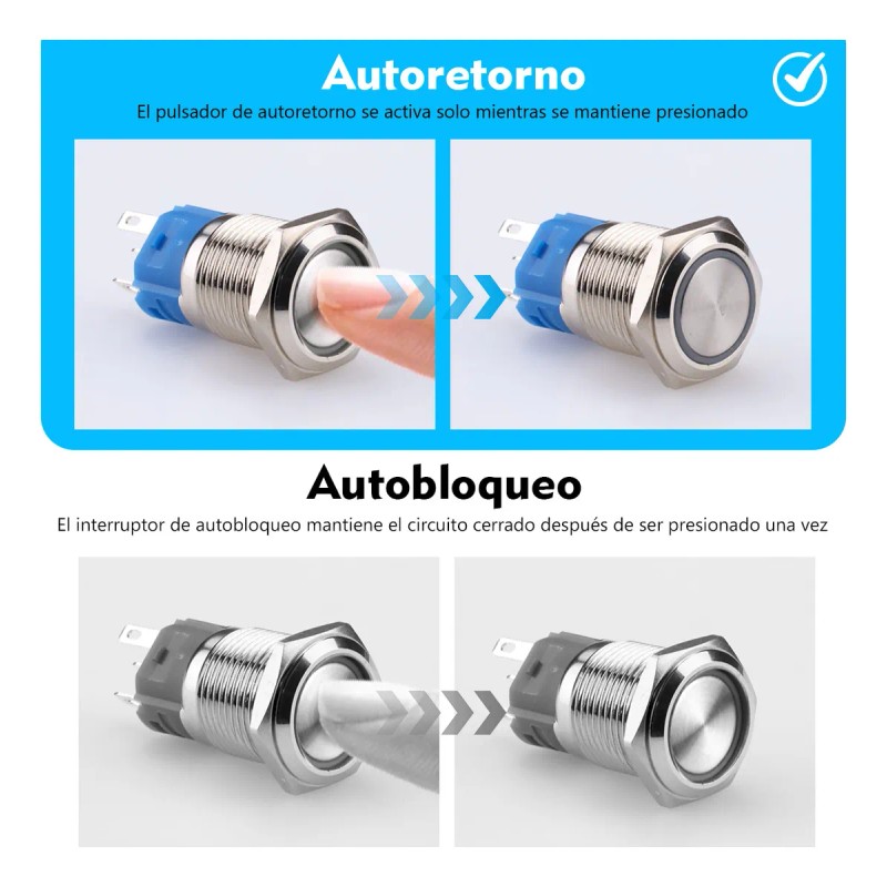3 Push Button Metal Iluminado 16mm Impermeable Momentáneo Azul