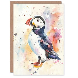 Artery8 Greeting Card Cute Puffin Bird Colourful Watercolour Portrait Blank for All Him Or Her Art Birthday Card