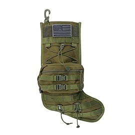 Speed Track Tactical Christmas Stocking, with Flag Patch MOLLE Webbing, Zip Pocket, MOLLE Clips, Woodland Green