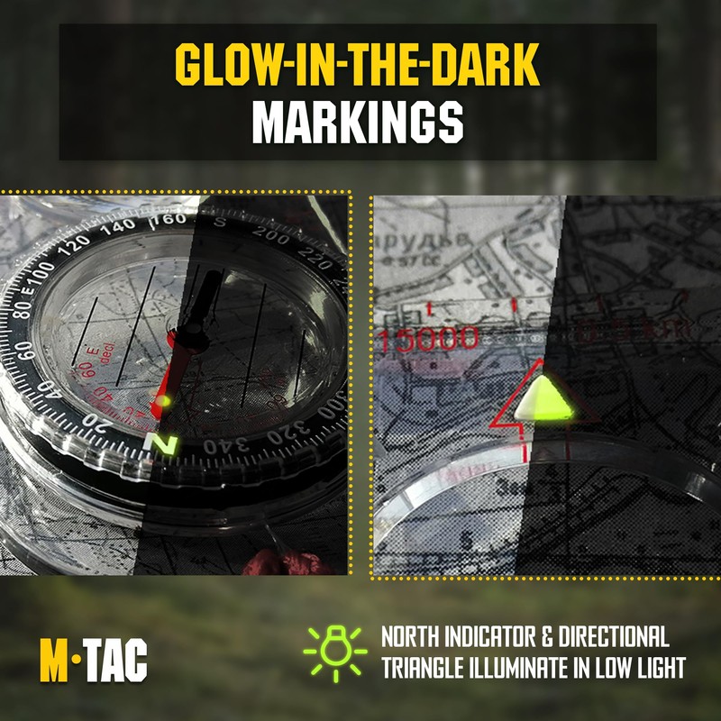 M‑Tac Liquid Filled Baseplate Compass – Glow‑in‑Dark Orienteering/Map‑Reading Compass for