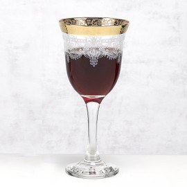 Lorren Home Trends Red Wine Set of 6 Stencil Pattern and Gold Band, One Size, Clear