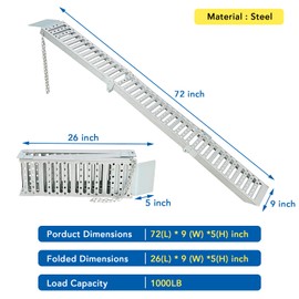 Set of 2 Foldable ATV Ramp 72" L x9 W, Folds into Three Sections ATV Ramps, Silver Color, Metal Loading Ramps Total Weight Capacity 1500 lbs