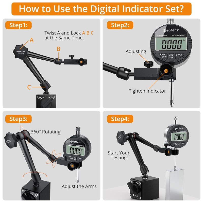 Neoteck Digital Dial Indicator Gauge and Magnetic Base Set with