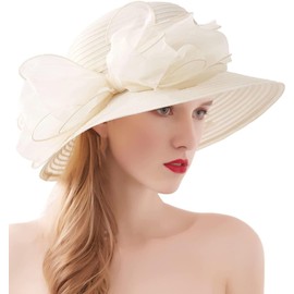 RZTA Women's Kentucky Derby Church Dress Hat Wide Brim Leaf Flower Bridal Shower Hat E1 Cream