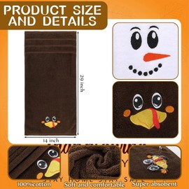 Mindsoft 2 Pack Fall Thanksgiving Hand Towels for Bathroom Cotton Embroidered Turkey Snowman Dish Towels Seasonal Thanksgiving Christmas Washcloths for Kitchen Bath Spa Hotel Decor Gift