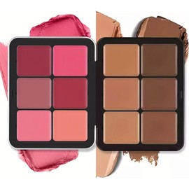 Paleta de Maquillaje Facial, Paleta de 12 Colores de Corrector y Colorete Larga Duración, de Aspecto Natural, Difuminable, 2 en 1 Paleta de MaquillajeFacial con Corrector y Colorete Mate en Crema