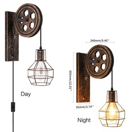 AnvFlik Retro Industrial Wall Sconce, 2Pack Antique Brass Vintage Plug in Wall Lighting, Industrial Lantern Retro Lamp Metal Wall Light Fixtures for Bedside Bedroom Home Dining Room