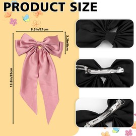 Big Layered Pink Hair Bows for Women, Silky Bow Hair Clips with Long Tail, Large Ribbon Bows for Hair, Satin French Bow Barrette, Bowknot Metal Clips Slides Hairpins Hair Accessories (Pink)