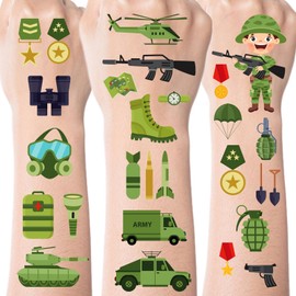 INCOK Army Temporary Tattoos for Kids, 200+ Army Birthday Party Decorations, Military Camouflage Tank Helicopter Tattoo Stickers for Boys Girls Camo Soldier Party Favors Supplies School Prizes Rewards
