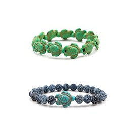 Soyzvteo 2Pcs Sea Turtles Beads Bracelet Elastic Natural Stone Stretch Bracelet Turquoise Turtle Bracelets Friendship Gifts for Women Men -Green