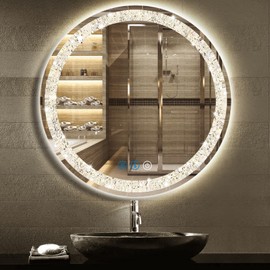 DIDIDADA Crystal Round Bathroom Vanity Mirror with Lights 3 Color 20 Inch Crystal Circle LED Bathroom Mirror for Bathroom Wall Mounted Lighted Mirror Anti Fog Smart Light up Round Bathroom LED Mirror