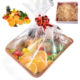 Empty Gift Basket Set, Braided Basket, Basket for Gifts, with Pull Bows and Transparent Gift Bag for Gift Basket, Empty Gift Basket for Bread Bins, for Holidays and Gifts (35 x 25 cm)