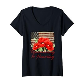 Womens Memorial Day Remember and Honor Red Poppy Flowers & USA Flag V-Neck T-Shirt
