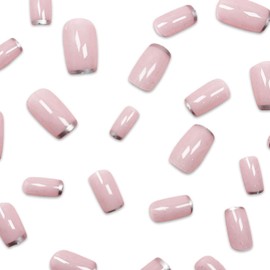 MIXFOSAHN French Tip Press on Nails Medium Square Winter Fake Nails Pink False Nails with Designs Border Silver Glossy Full Cover Glue on Nails Stick on Nails Acrylic Nails for Women Girls 24 Pcs