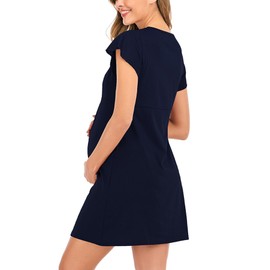 SHEKINI Pregnant Maternity Nightdress Lace V Neck Short Sleeve Breastfeeding Women's Nursing Nightgown Pajama Loungewear, Navy Blue, L