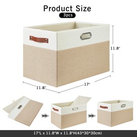 Bagnizer Large Collapsible Fabric Storage Bins with 3 Handles, Foldable Organizer Baskets for Closet, Shelves, Living Room | 3 Pack, Durable PU & Metal Handles (17"x11.8"x11.8", Beige & White)