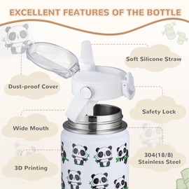 Autsel Kids Water Bottle 420ml, Insulated Stainless Steel with Straw and Handle, BPA Free Leak Proof Toddler Sport Bottle for School, Boys and Girls, Panda