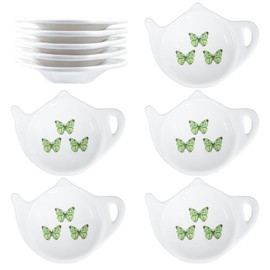 Bicuzat Green Butterfly Pattern Tea Bag Holder Tea Porcelain Accessories Teapot Shaped Tea Bag Coaster Resting Caddy Saucer 4 Inch/10cm-3 Butterfly-Set of 10