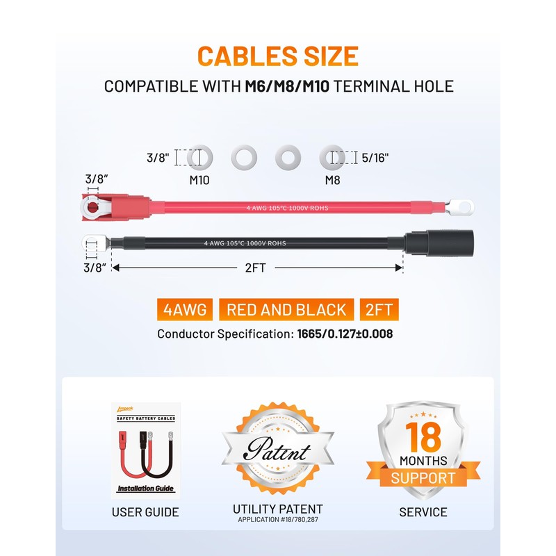 Ampeak Battery Inverter Cable (4AWG-2FT)