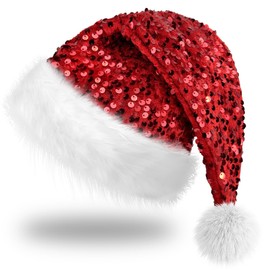 Hikkcos Christmas Red Sparkly Santa Hat Red Glitter Sequin Santa Hat Bling Santa Hat Glittery Hat for Adults New Year Xmas Festival Party