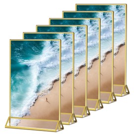 HESIN 6 Pack Acrylic Gold Sign Holders Clear Picture Frames with Gold Borders Double Sided Table Menu Number Display Rack for Wedding , Photo, or Any Literature (5x7 inch)
