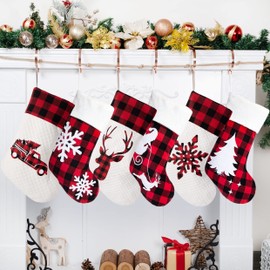 LUBOT Set of 6 Christmas Stocking(20inch) Silhouette Buffalo Red Plaid/Rustic/Farmhouse/Country Cotton Fireplace Hanging Xmas Stockings Decorations for Family Holiday Season Decor