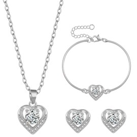 Rumnoke Jewellery Set for Women Cubic Zirconia Jewelry Set Necklace Bracelet and Earrings Set Gifts for Women Silver Heart