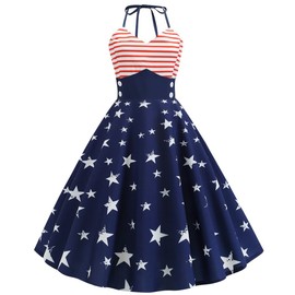 Independence Day Dress for Women American Flag Dress for Women Halter Dress 1950s Dresses for Women Vintage A Line Midi Dresses July 4th Dress Womens Patriotic Dress July Fourth Navy Blue Stripe XXL