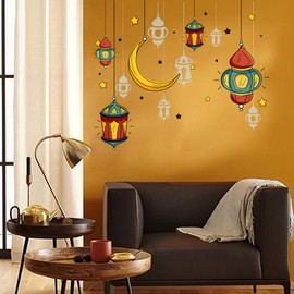 Eid Mubarak Wall Stickers Colorful Lantern Moon Star Wall Decals Ramadan Decorations for Home Bedroom Wall Paper Islamic Decor Window Clings Muslim Wallpaper Kareem Party Wall Mural (Style5)