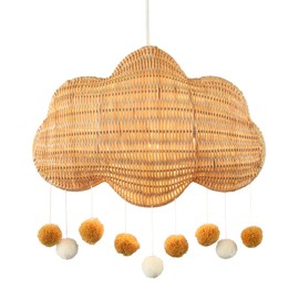 Fun and Chic Cloud Shaped Childrens Rattan Pendant Light Shade with Hanging White and Taupe Pom Pom Balls | 33cm x 24cm by Happy Homewares