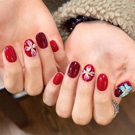 24 Pcs Wine Red Press on Nails Short Oval Fake Nails 3D Flower Art Design False Nails Cute Acrylic Nails Glossy Full Cover Stick on Nails Autumn Press ons Nails for Women