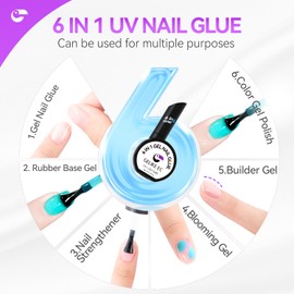 Professional Gel Nail Glue UV - 6 in 1 Gel Glue for Nail Tips with Blue Jelly Gel Polish,Base Coat Free,Gelike EC Strong Adhesive for Press on Nail,Ideal for Salon and Home DIY