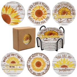 Sunflower Coasters for Drinks with Inspirational Sentences,Sunflower Stone and Cork Coasters for Coffee Table Home Decor,6 Pcs Sunflower Coaster Set with Holder,Sunshine Gift for Friends