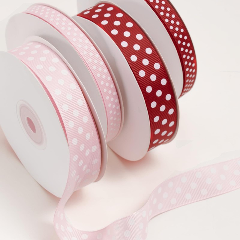 FAKILO Polka Dot Grosgrain Ribbon 10mm X 22m Pink and