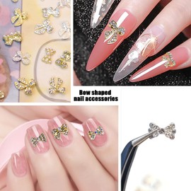 DANNEASY 24pcs 3D Bow Nail Rhinestones Charms Gold and Silver Bowknot Charms for Nails Bling Nail Bows Nail Gems Crystal Alloy Nail Studs Jewelry Nail Decoration for Nails Crafts Nail Supplies