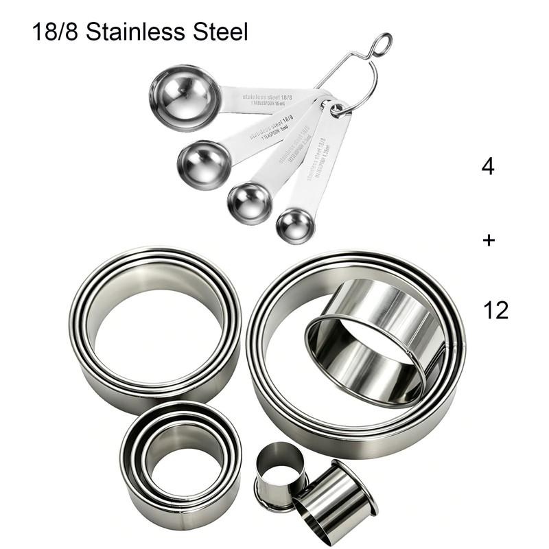 12Pcs 18/8 Stainless Steel Cookie Cutters Set with 4Pcs Measuring
