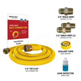 PROCURU 1/2" OD x 60" (5Ft) Universal Gas Flex Connector Kit, SafeGuard Yellow Coated Stainless Steel Gas Supply Pipe for Dryers, Bbq Grills, Water Heaters (Red Series)
