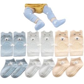 LeoLeoyy Toddler Baby Knee Pads and Socks for Crawling for Infant Boys Girls with Grips Anti-Slip Knee Protector - 6 Pairs (Color B,12-24 Months)