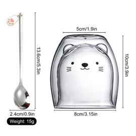 Prismoria Double Walled Glass Coffee Cups Mugs with Spoon, 250ml Insulated Latte Glasses Mugs, Cappuccino Latte Macchiato Glasses Cups, Heat Resistant (Cat with Spoon)