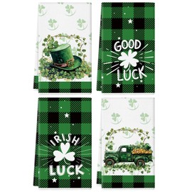 QIONG MENG St. Patrick's Day Kitchen Towels Set of 4 Buffalo Plaid Shamrock Truck Hat Good Luck Dish Towels Seasonal Irish Cooking Drying Hand Towels Home Decorations 18x26 Inch
