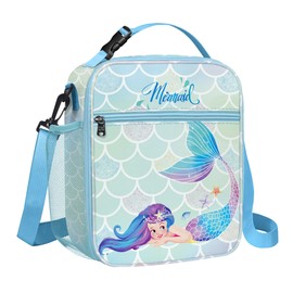 Clastyle Kids Insulated Lunch Bag for Girls | Large Portable Lunch Cooler Bag for Outdoor Picnic, Back to School, Lightweight Lunch Box with Bottle Holder, Straps | Blue Mermaid Princess