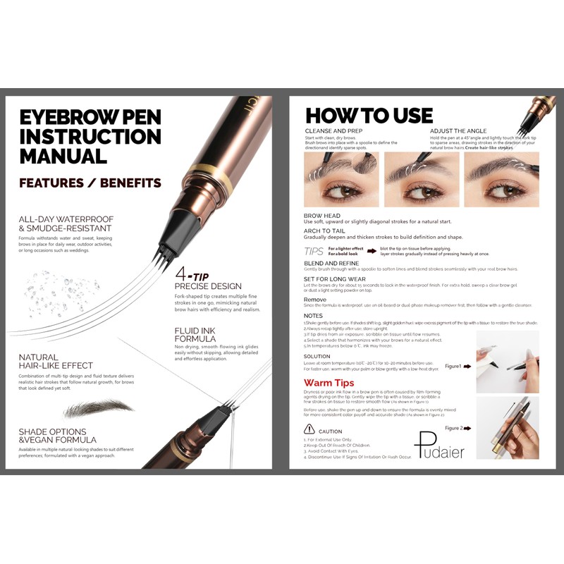 2 Pack 4-Tip Microblading Eyebrow Pen with 2 Brow Brushes,