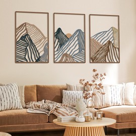 Peryiter 3 Pcs Mountain Metal Wall Art Mountain Line Wall Decor Abstract Minimalist Wall Art Rustic Nature Wall Decor for Home Bathroom Living Room (Colorful,Soft Style)