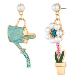 MADISON TYLER Cute Fun Dangle Earrings for Women Trendy | Fun Pave Imitation Pearls Rhinestone Flower Watering Can Weird Asymmetrical Earring