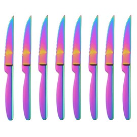 DOCBLACK Stainless Steel Steak Knives set of 8 Serrated Steak Knife Sets with Sharp Blade, 8.66 Inches(22 CM) Silverware Cutlery Table Knives for Steak (Rainbow)