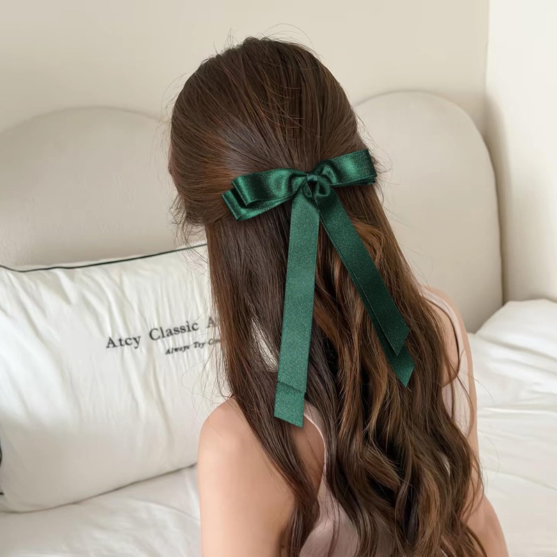 5.5" Sparkly Dark Green Silky Satin Large Hair Bow Alligator
