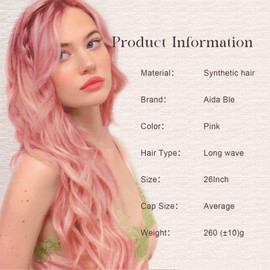 Aida ble Long Pink Wavy Wig for Women -26inch Middle Part Long Pink Curly Wavy Wig Heat Resistant Synthetic Hair Looking Natural, Fiber Wig for Daily Party Use