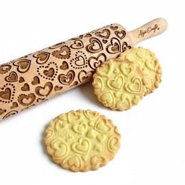 Mini Rolling Pin Love Hearts for Pastries and Ceramics. Engraved Rolling Pin for DIY Kitchen, Dough & Cookies. Length 24 cm. Rolling Pin with Pattern of Algis Crafts